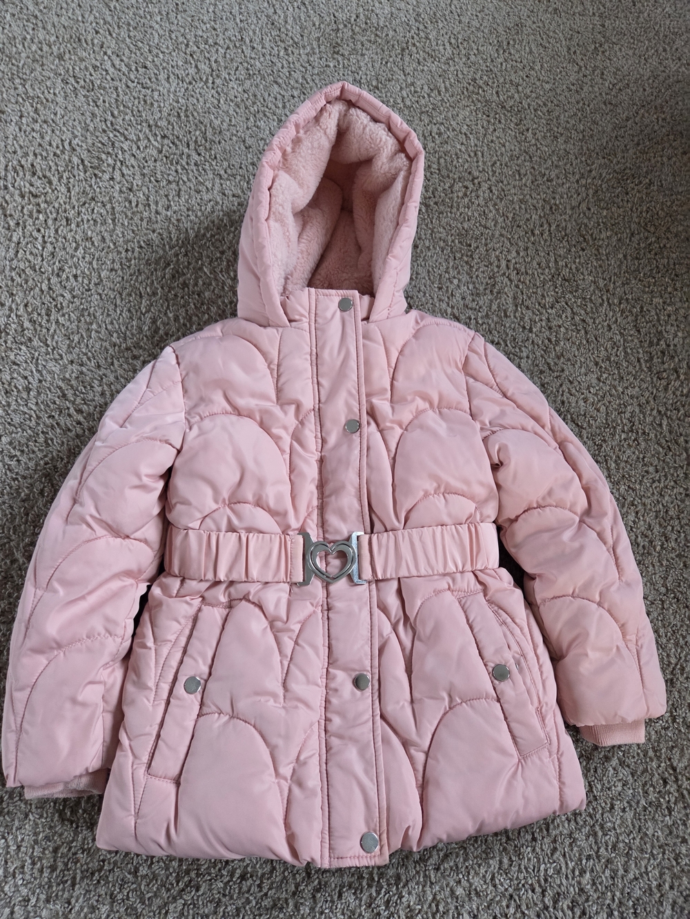 Girls' Pink Hooded Puffer Coat with Heart Belt